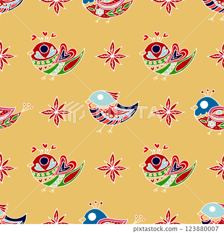 Folk bird and flower ornament. Pattern in hand draw style, created for fabrics Folk bird and flower ornament. Pattern in hand draw style, created for fabrics 123880007