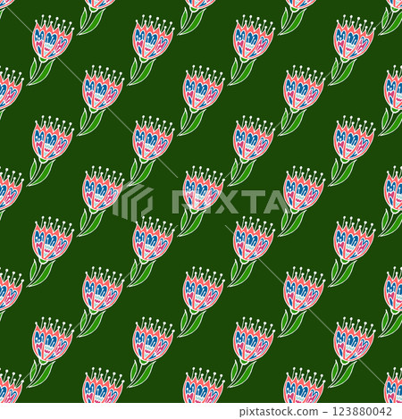 Folk bird and flower ornament. Pattern in hand draw style, created for fabrics 123880042