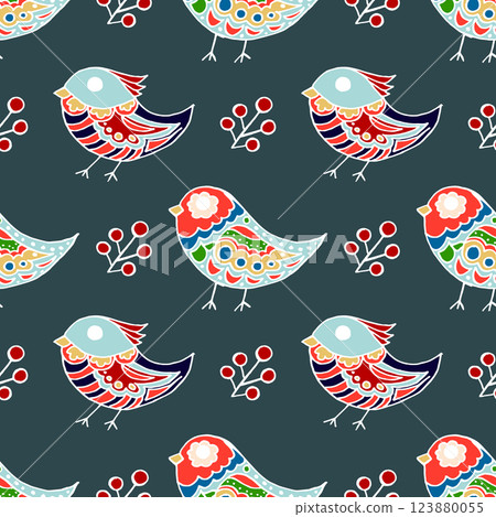 Folk bird and flower ornament. Pattern in hand draw style, created for fabrics 123880055