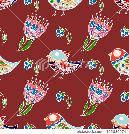 Folk bird and flower ornament. Pattern in hand draw style, created for fabrics 123880074