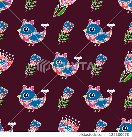 Folk bird and flower ornament. Pattern in hand draw style, created for fabrics 123880078
