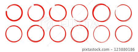 Brush stroke texture circle red hand drawn element set. Hand drawn brush stroke calligraphy rough line frame. Texture stroke red circle background. Abstract stain grunge style. Vector 123880186