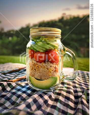 A layered salad in a glass jar, featuring chickpeas, grains, avocado, and cherry tomatoes, sits on a picnic blanket 123880226
