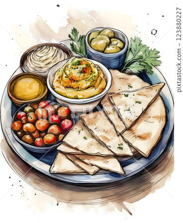 A vibrant Indian Thali plate featuring various curries, rice, and naan bread 123880227