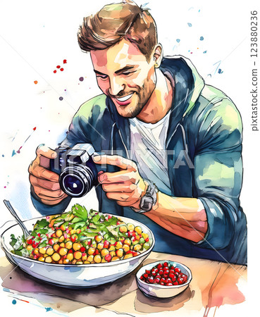A person with a blurred face is taking a photo of a bowl of salad with a camera. The salad contains chickpeas, greens, and pomegranate seeds 123880236
