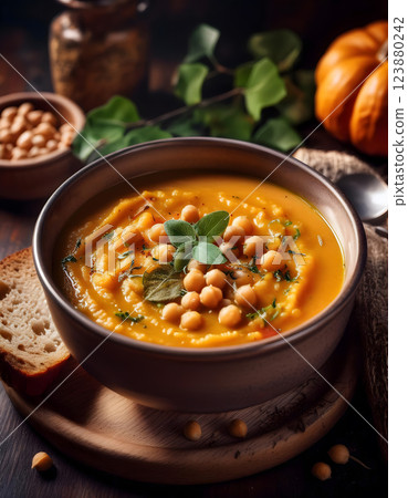 A bowl of vibrant pumpkin soup garnished with chickpeas and herbs, served with crusty bread 123880242