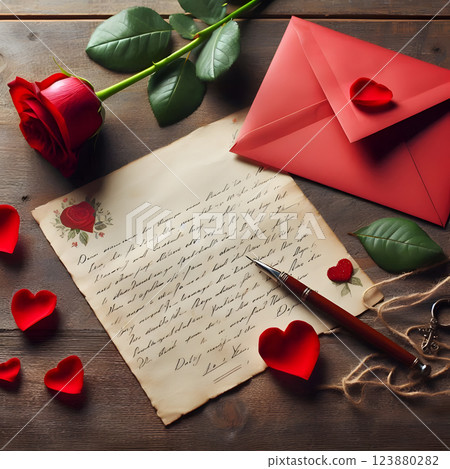 A love letter, accompanied by a red rose and heart embellishments, rests on a rustic wooden table, expressing affection 123880282