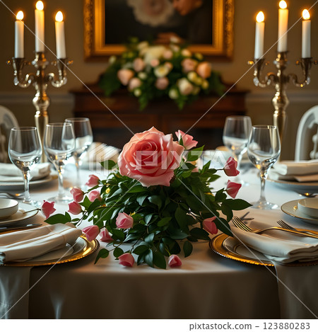 A beautifully arranged dining table features a central pink rose centerpiece, elegant candelabras, and place settings, illuminated by warm candlelight 123880283
