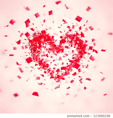 An explosion of red confetti forming a heart shape against a light background, with scattered pieces around An explosion of red confetti forming a heart shape against a light background, with scattered pieces around 123880286