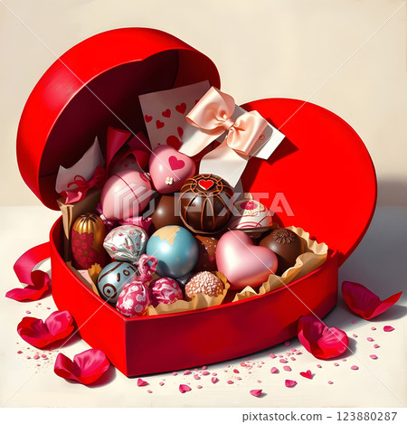 A heart-shaped box overflows with colorful chocolates, ribbons, and a small card, casting soft shadows on a light background 123880287