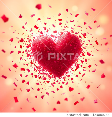 A textured, 3D heart surrounded by exploding red confetti against a warm, glowing background with bokeh effects 123880288