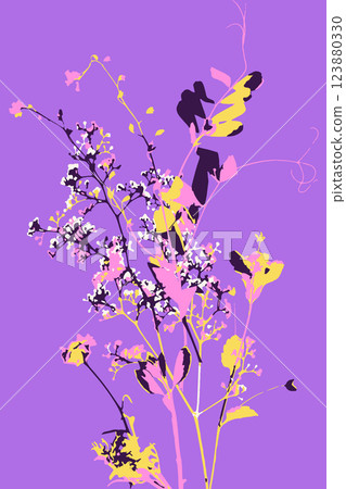 Abstract minimalist floral card with leaves and flowers. Vertical background with modern whimsical botanical design Abstract minimalist floral card with leaves and flowers. Vertical background with modern whimsical botanical design 123880330