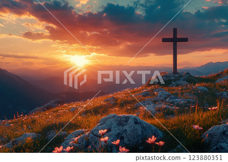 Cross on the hill at sunset Cross on the hill at sunset 123880351