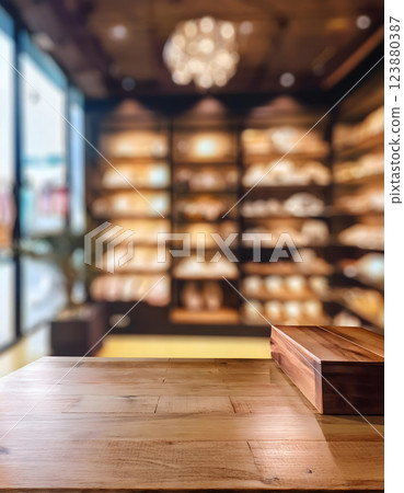 A wooden table in the foreground with a blurred background of a brightly lit, modern store interior, showcasing various products on shelves and displays 123880387