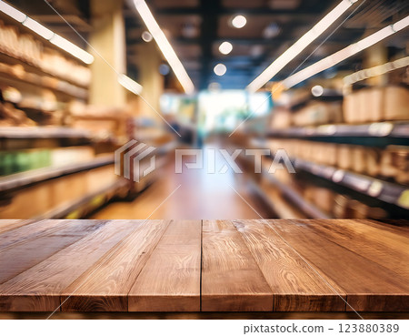 Wooden table in the foreground with blurred supermarket aisles filled with various products in the background, creating a vibrant and busy shopping environment 123880389