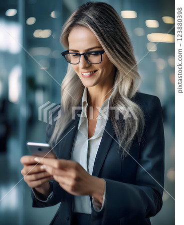 Attractive blonde businesswoman in blazer white shirt wearing spectacles using mobile device looks at the screen with a happy smile. Digital portrait 123880398