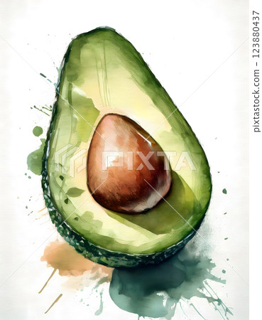 A watercolor illustration of a halved avocado, showcasing its vibrant green flesh, brown pit, and a small drop of juice A watercolor illustration of a halved avocado, showcasing its vibrant green flesh, brown pit, and a small drop of juice 123880437