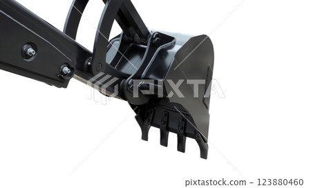 This close up of an excavator bucket showcases its sturdy construction and sharp teeth, designed for effective excavation and earth-moving tasks on construction projects. 123880460