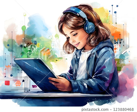 A young person engages with a tablet and headphones, surrounded by abstract strokes 123880468
