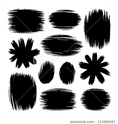 A collection of abstract ink blots with bold brush strokes. Ideal for backgrounds, digital media, and creative compositions. 123880491