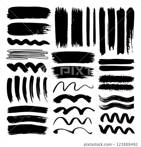 A set of thick and textured ink brush strokes. Ideal for creative projects, typography, and artistic compositions. 123880492