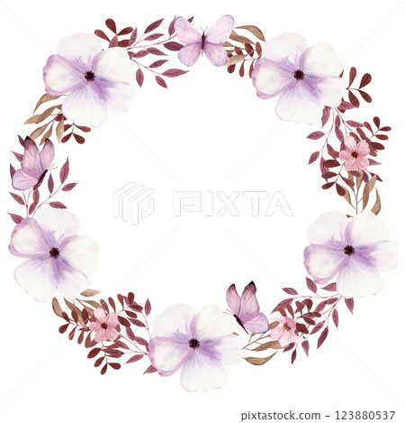 Fantasy brown and light purple twigs, butterfly and flowers wreath by watercolor. 123880537