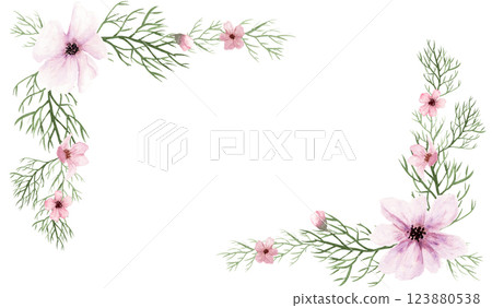 Fantasy light purple flowers and green twigs rectangle frame by watercolor. 123880538