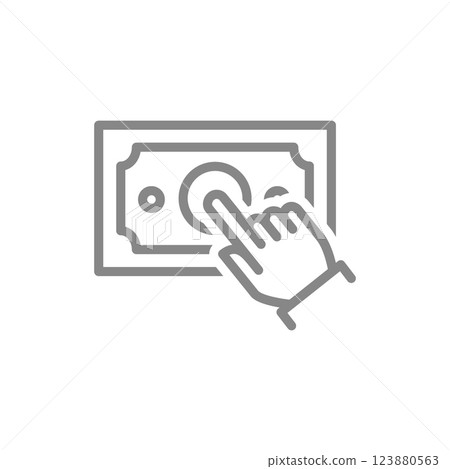 Finger click on money bill line icon. Online shopping and retail e-commerce symbol. Vector illustration. 123880563