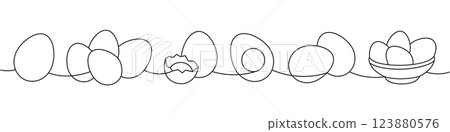 Farm eggs one line continuous drawing. Boiled eggs, broken eggshell, omelette, protein and yolk. Vector illustration 123880576