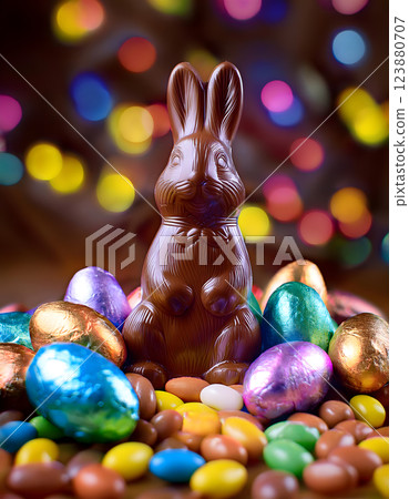 Chocolate Easter bunny surrounded by colorful foil-wrapped eggs, a festive holiday treat with bokeh lights 123880707