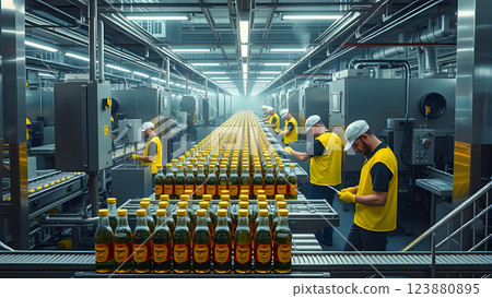Automated factory production line with workers in yellow vests overseeing rows of bottled products. Industrial illustration 123880895