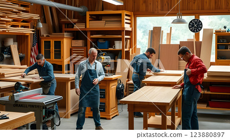 Busy woodworking workshop scene with men crafting wooden furniture using machines and hand tools. Detailed illustration 123880897