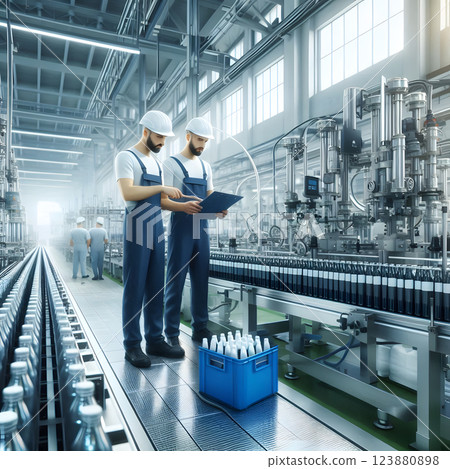 Dairy factory, workers in lab coats handle milk vats in clean facility with stainless steel tanks, industrial processing plant 123880898