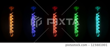 Retro looking light bulb glowing on dark background, bright wire visible in glass - colour can be changed with hue / saturation tool Retro looking light bulb glowing on dark background, bright wire visible in glass - colour can be changed with hue / saturation tool 123881001
