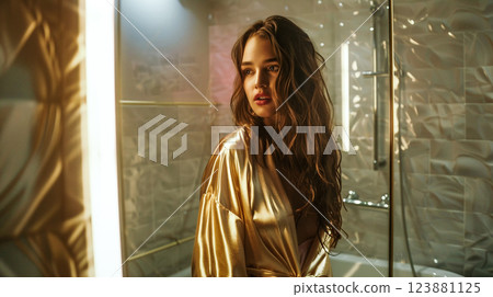 A beautiful girl with brown long hair wearing a golden silk robe stands in a modern luxurious bathroom. Young woman is looking far away. Female beauty This is AI-generated item 123881125