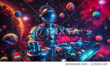 Humanoid robot drifting on skateboard in space among planets, comets, stars Android playing DJ console at party, rave. Fantastic reality of the future This is AI-generated item 123881126
