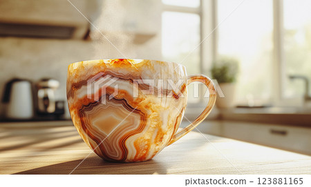 A cup made of natural striped agate stone in beige brown shades stands on a wooden table in luxurious brown color on a modern kitchen in an interior. This is AI-generated item 123881165