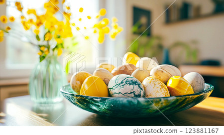 Easter eggs on green glass dish on a table in a modern kitchen. Vase with yellow flowers of a blooming mimosa in the warm light Easter decor for home. This is AI-generated item 123881167