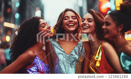 A group of young happy and festively dressed girls on the street. Celebration of bachelorette party. Girlfriends in festive gowns in paettes have fun. This is AI-generated item 123881288