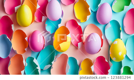 Easter background with colourful broken coloured painted eggs on torn pink paper background. Spring season holiday. April holidays. Springtime theme. This is AI-generated item 123881294