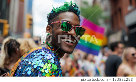 A young green haired African man with rainbow flag at gay parade. Portrait of a cheerful guy in Pride month. People have fun on a street Gay community This is AI-generated item A young green haired African man with rainbow flag at gay parade. Portrait of a cheerful guy in Pride month. People have fun on a street Gay community This is AI-generated item 123881298
