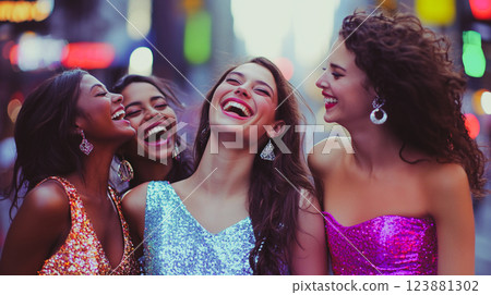A group of young happy and festively dressed girls on the street. Celebration of bachelorette party. Girlfriends in festive gowns in paettes have fun. This is AI-generated item 123881302