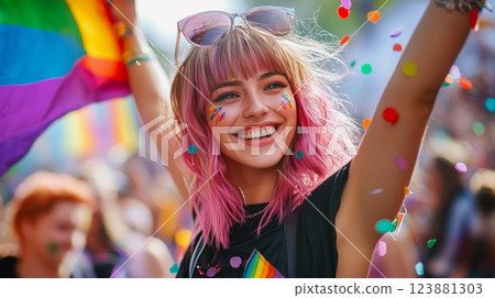 A young beautiful happy girl with a rainbow flag at a gay parade. Portrait of a cheerful lesbian woman in Pride month. Gay community people have fun. This is AI-generated item 123881303