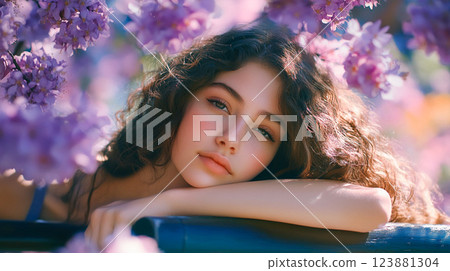 Young beautiful girl with long curly hair under blossoming trees with purple flowers in spring garden. Female beauty Dreamy lady looking in springtime This is AI-generated item 123881304