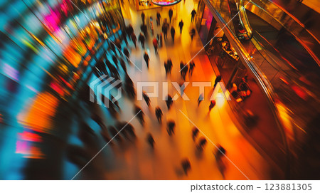 A blurry crowd walking through a modern mall, shopping center with neon lights top view. A crowded place with blurred silhouettes of people in motion. This is AI-generated item A blurry crowd walking through a modern mall, shopping center with neon lights top view. A crowded place with blurred silhouettes of people in motion. This is AI-generated item 123881305