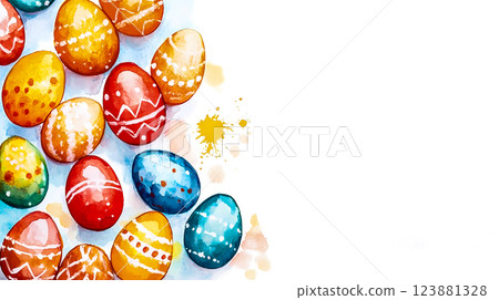 Watercolour drawing with colourful painted bright Easter eggs on white background with space for text. Annual spring holiday celebrating in April. This is AI-generated item Watercolour drawing with colourful painted bright Easter eggs on white background with space for text. Annual spring holiday celebrating in April. This is AI-generated item 123881328