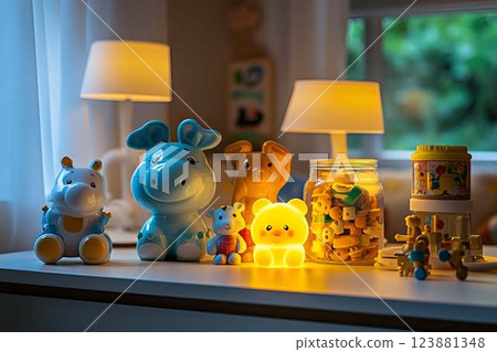 Softly lit collection of children's toys on white shelf, glowing teddy bear nightlight and pastel-colored figures 123881348