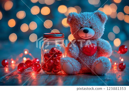 Fluffy teddy bear holding a red heart, sitting beside a jar of red candies with fairy lights in the background Fluffy teddy bear holding a red heart, sitting beside a jar of red candies with fairy lights in the background 123881353