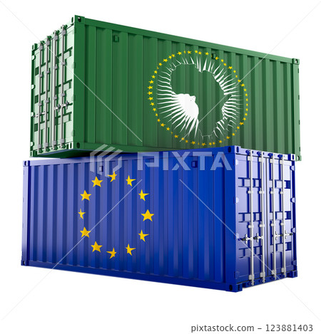 Trade agreements between the African Union and the European Union, concept. Cargo containers with the African Union and the EU flags. 3D rendering 123881403