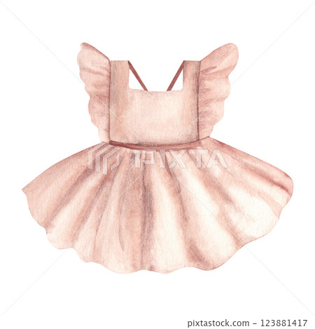 Baby girl pink linen Dress, sundress. Hand painted cute children summer clothes. Watercolor illustration in vintage style isolated on a white background. For tags, baby shower invitations and greeting Baby girl pink linen Dress, sundress. Hand painted cute children summer clothes. Watercolor illustration in vintage style isolated on a white background. For tags, baby shower invitations and greeting 123881417